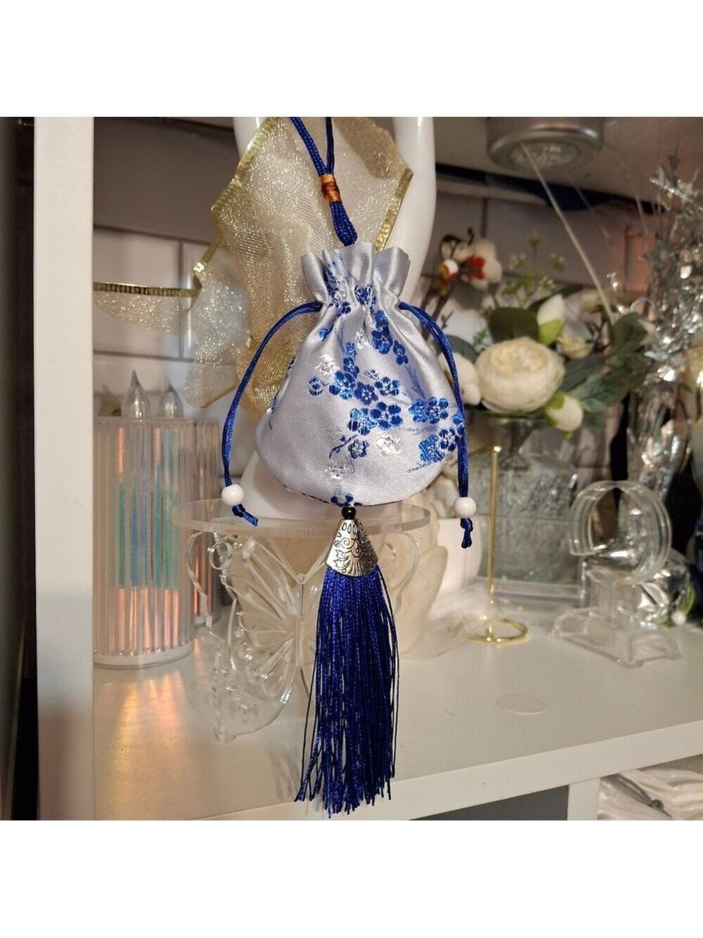 Sky Blue Silky Drawstring Pouch with Tassel Set Of 3 New